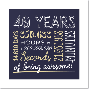 40th Birthday Gifts - 40 Years of being Awesome in Hours & Seconds Posters and Art